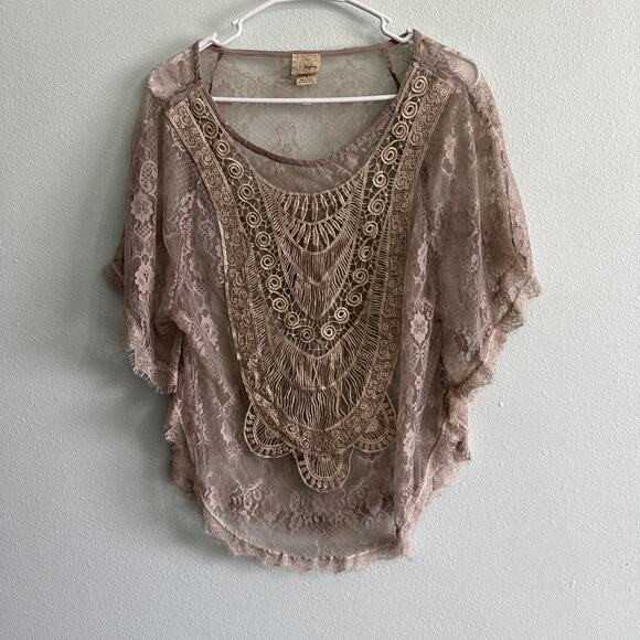 Daytrip Short Sleeve Boho sheer crocheted frayed lace trip blouse Womens Small - Picture 1 of 6